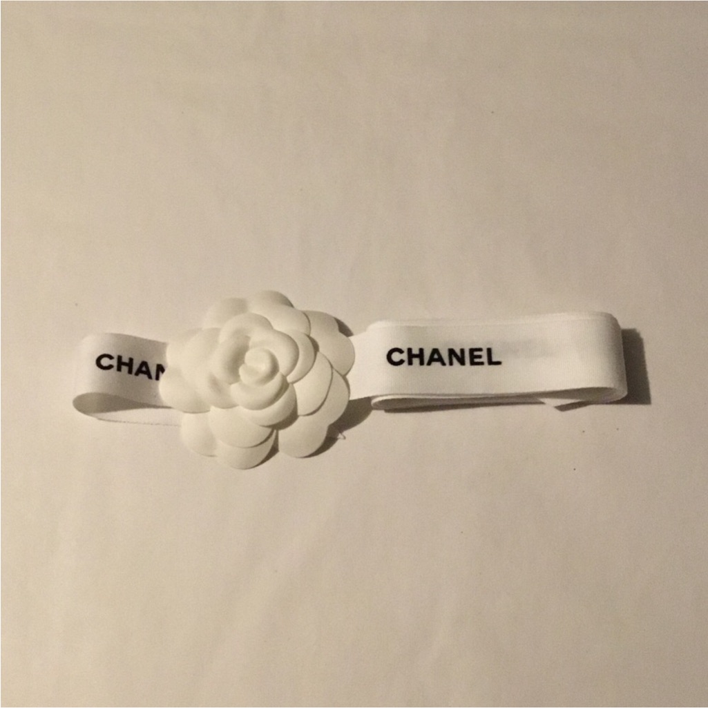 Chanel 75”Long White Ribbon Black Logo Printed With Camellia Flower Attach